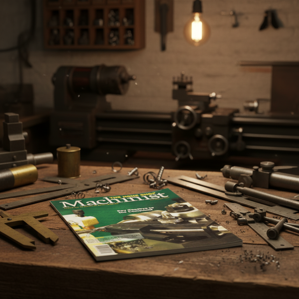 The Home Shop Machinist magazine displayed on rustic wooden workbench with vintage machinist tools, calipers and metal shavings in warm workshop lighting