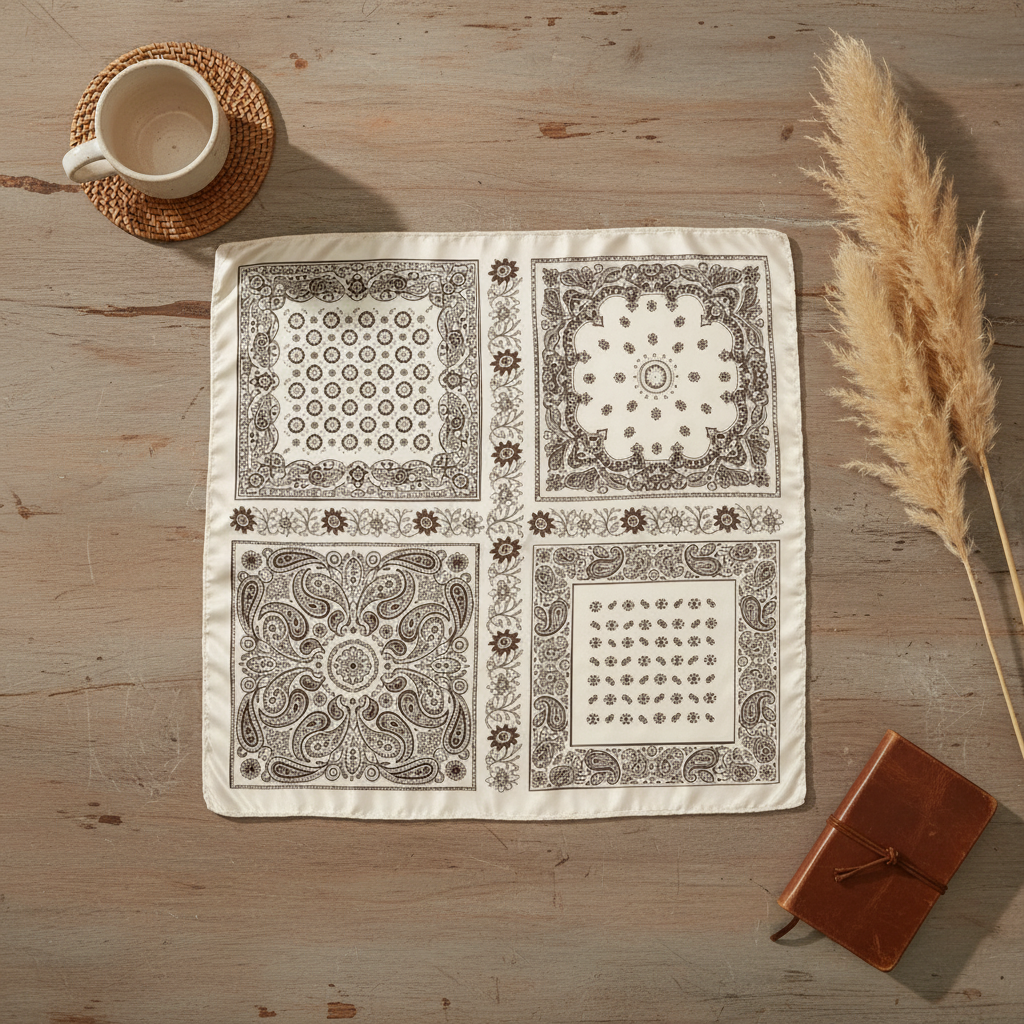 Cream and brown paisley bandana square scarf 35x35 flat lay on weathered wood surface styled with ceramic mug woven coaster pampas grass and leather journal