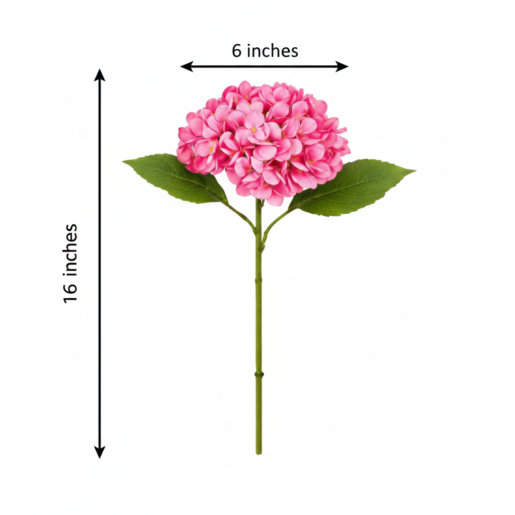Pink artificial hydrangea stem measurement diagram showing 16 inches total height and 6 inch bloom width