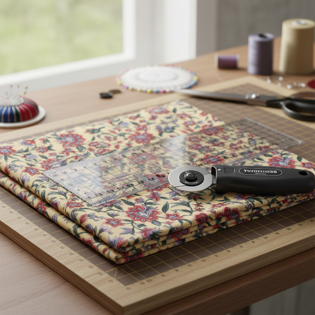 Close-up of Hoffman Canterbury Manor yellow cotton fabric showing red purple green floral pattern detail