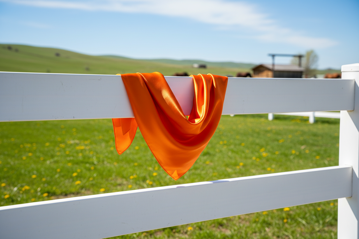 Orange wild rag draped on white fence with spring green grass and blue sky