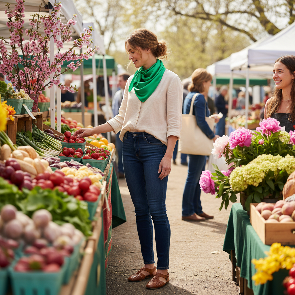 Jade green wild rag scarf styled at spring farmers market with casual outfit and fresh produce