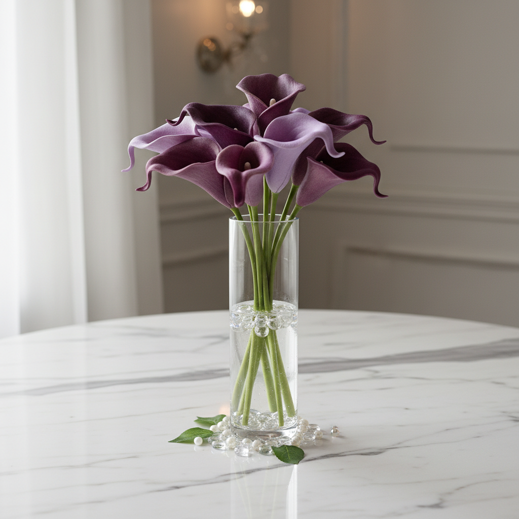5 stem artificial purple calla lily bundle in a glass vase wedding centerpiece arrangement on white marble table