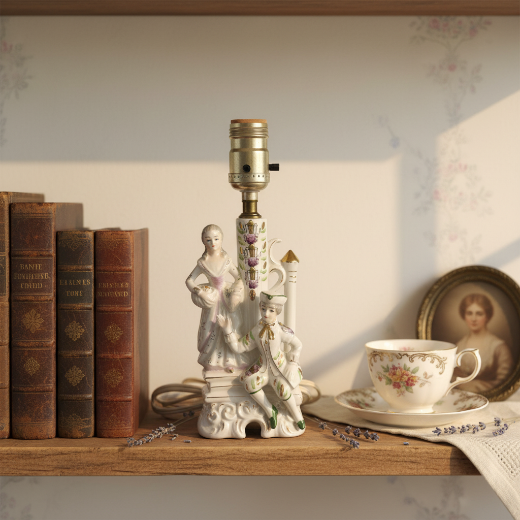 Mid-century Japan porcelain figural boudoir lamp displayed on a cottage shelf with antique books, dried lavender, and vintage china teacup