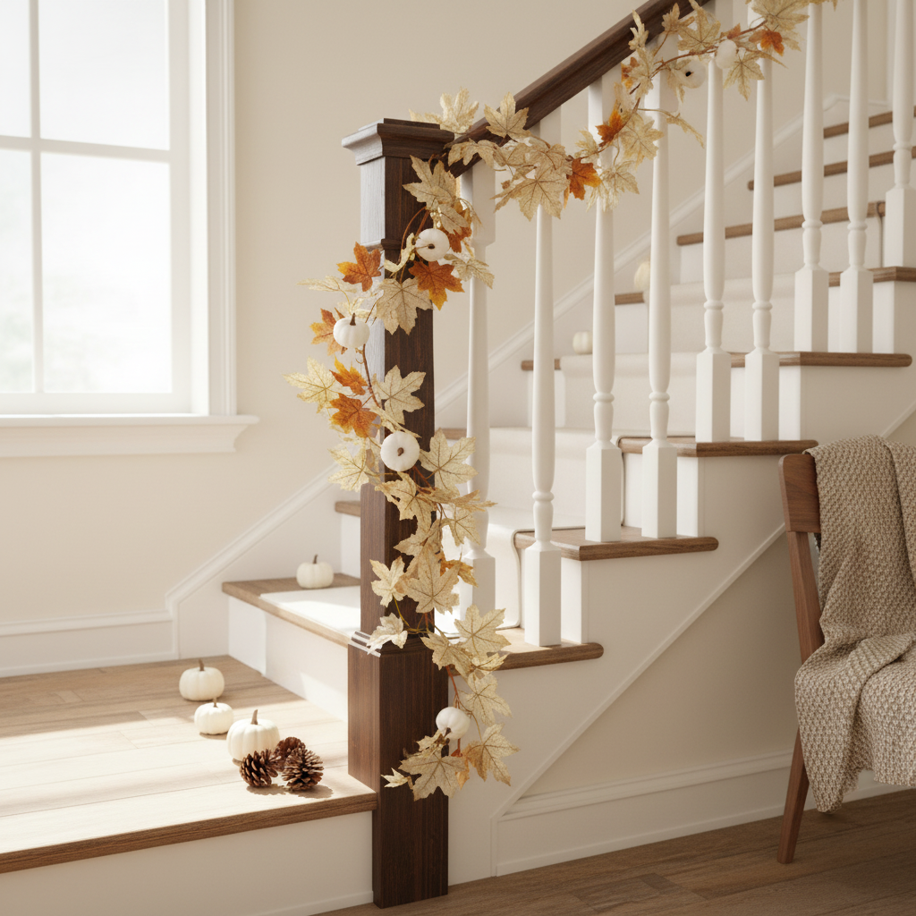 Autumn white pumpkin maple leaf garland draped along a rustic farmhouse staircase banister with pinecones and white pumpkins on the steps