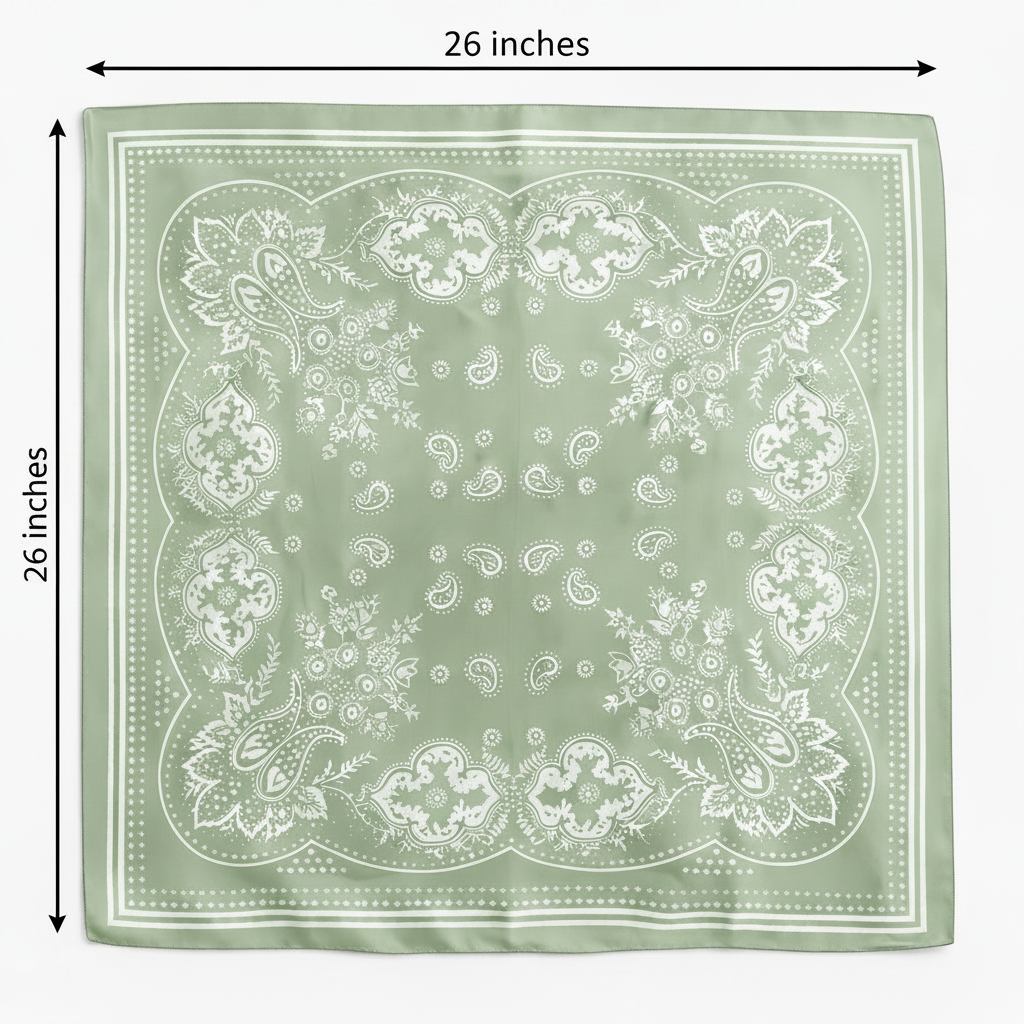 Sage green paisley wild rag scarf measurement diagram showing 26x26 inch square dimensions with two measurement arrows on white background