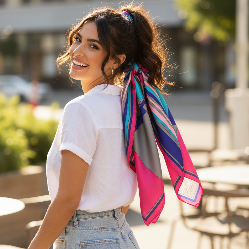Woman wearing pink stripe satin scarf as hair tie ponytail wrap accessory