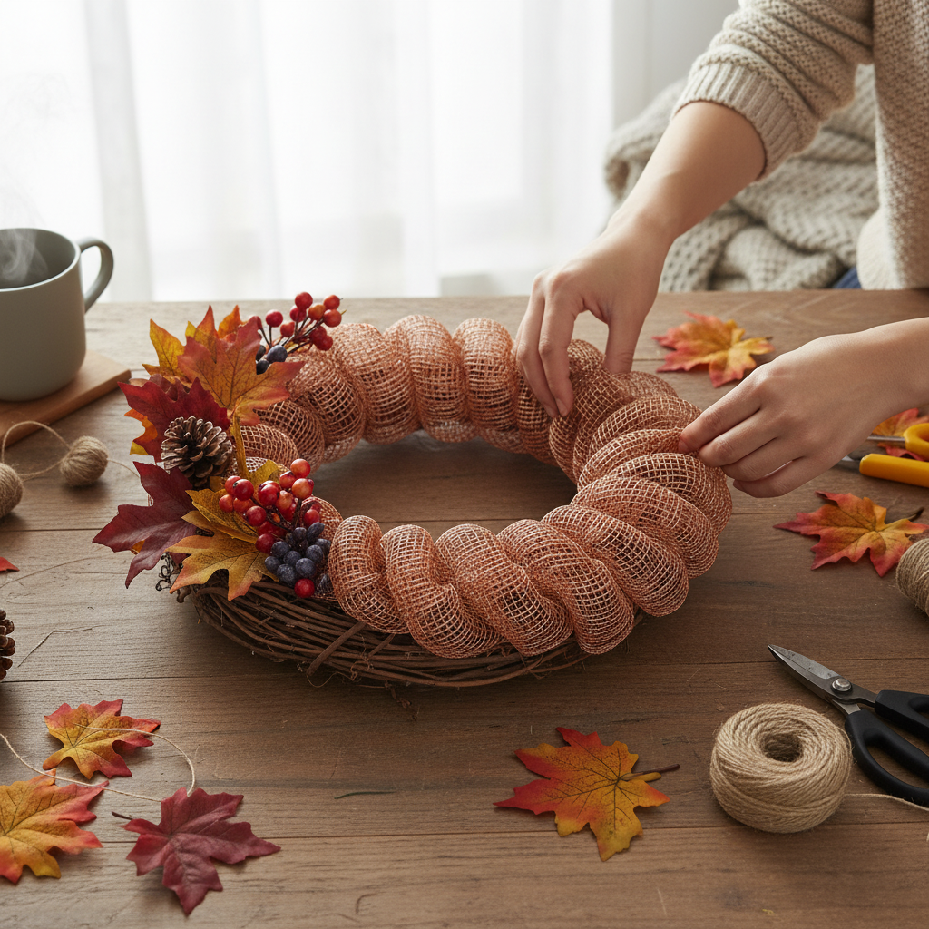 Hands creating rustic wreath with copper mesh ribbon and autumn leaves