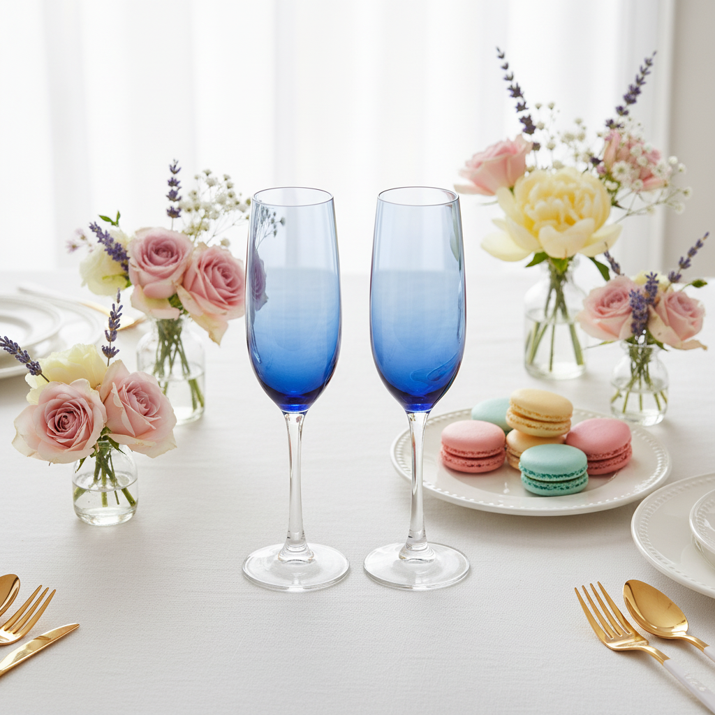 Vintage Libbey Vina blue ombre champagne flutes on a bridal shower brunch table with pastel flowers and macarons