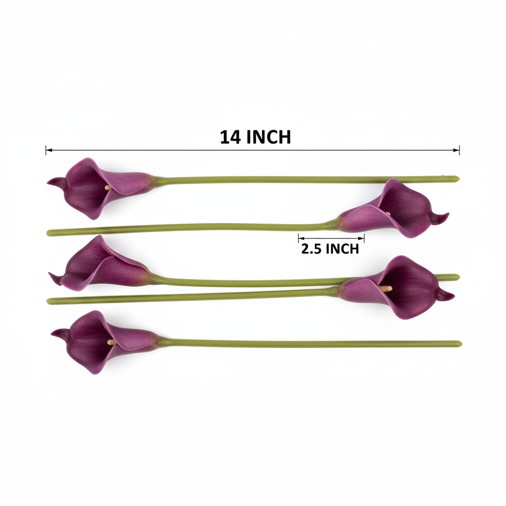 Flat lay measurement diagram of 5 artificial purple calla lily stems showing 14 inch height and 2.5 inch bloom size