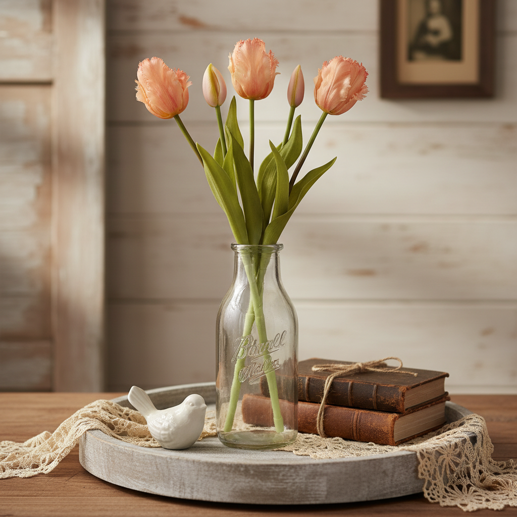 5 peach coral tulip stems in vintage milk bottle - shabby chic farmhouse decor