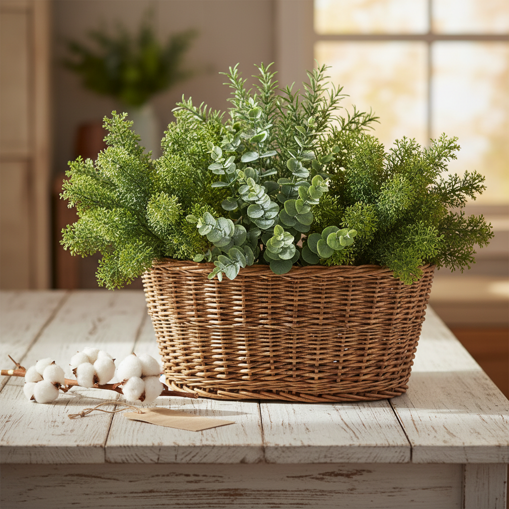 Set of 3 faux greenery bushes with eucalyptus, rosemary, and cedar stems arranged in a woven wicker basket on a farmhouse table