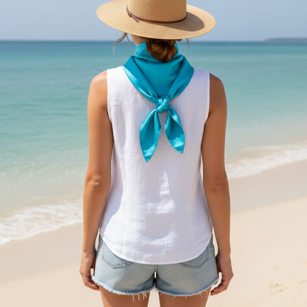 Woman at beach wearing aqua blue wild rag scarf summer styling