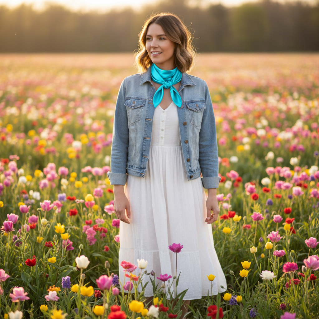 Spring style turquoise blue wild rag scarf with white dress and denim jacket in wildflower field