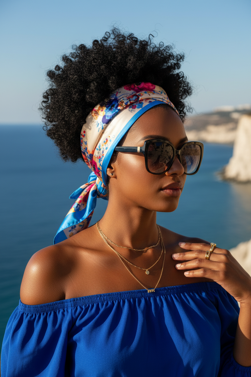 Glamorous woman with dark skin black hair wearing blue floral butterfly satin square scarf as head wrap black sunglasses cobalt blue off-shoulder top gold jewelry Mediterranean coastal background 20x20
