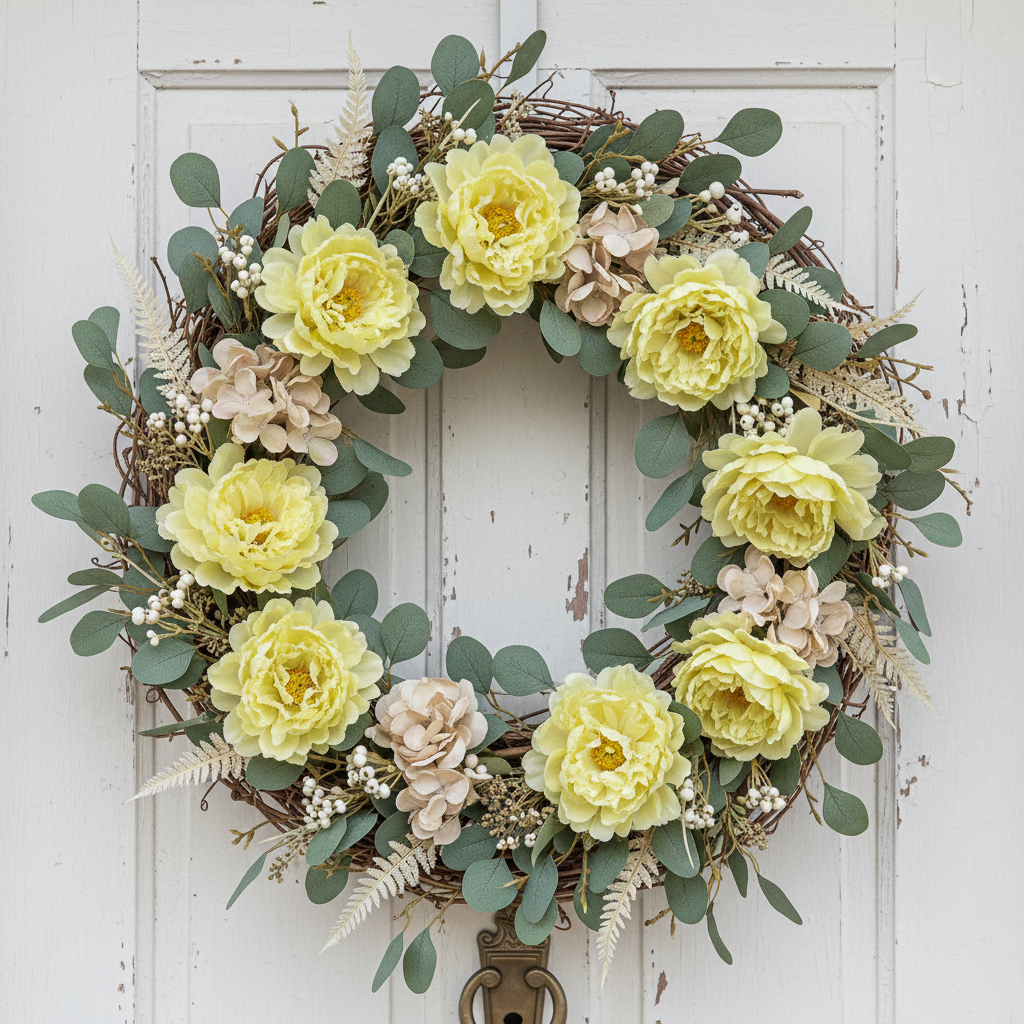 Yellow-green artificial peony blooms clustered on a lush handmade wreath on rustic white wood door with eucalyptus and dried botanicals