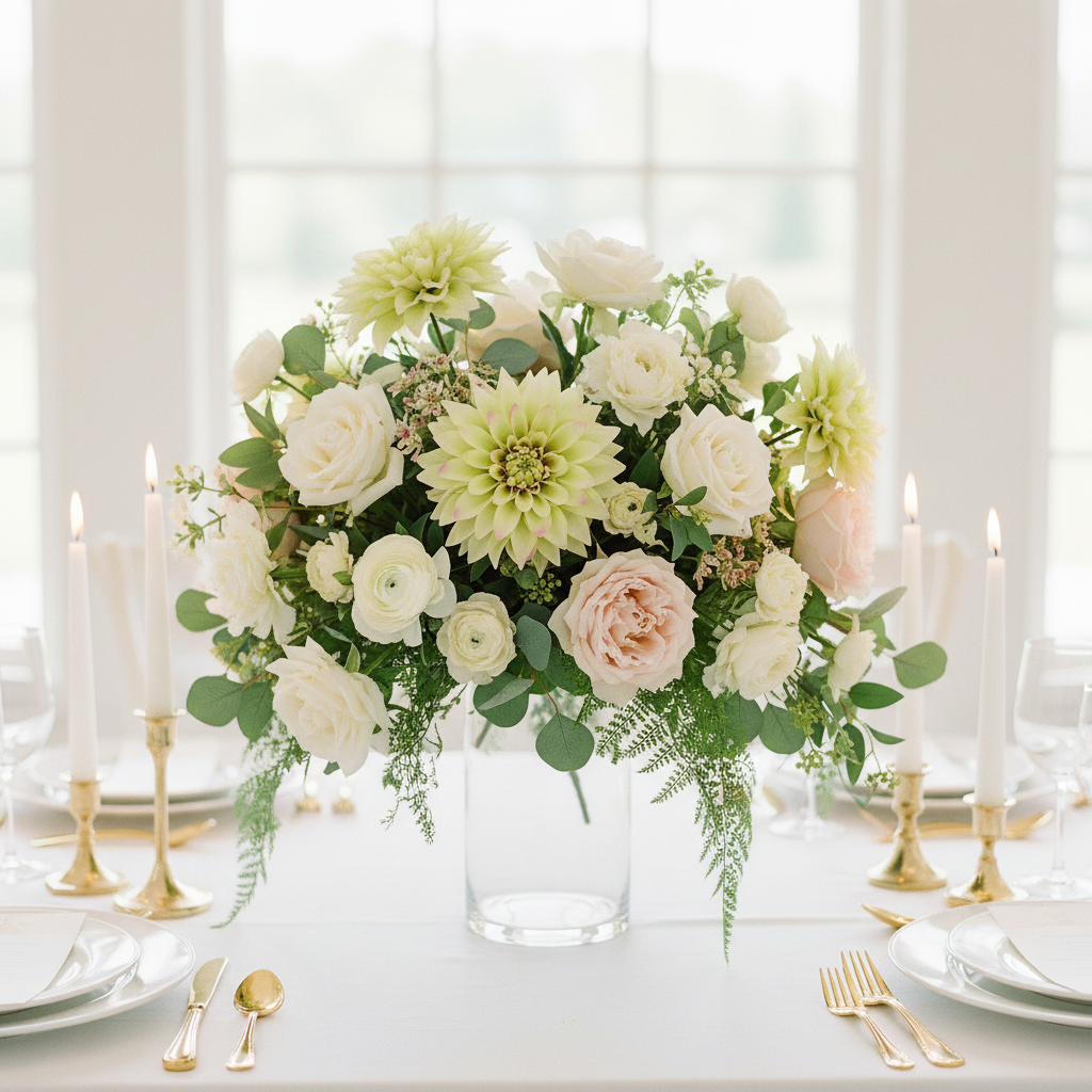 Spring garden wedding table centerpiece with light green dahlia stems, white roses and blush peonies in clear glass cylinder vase