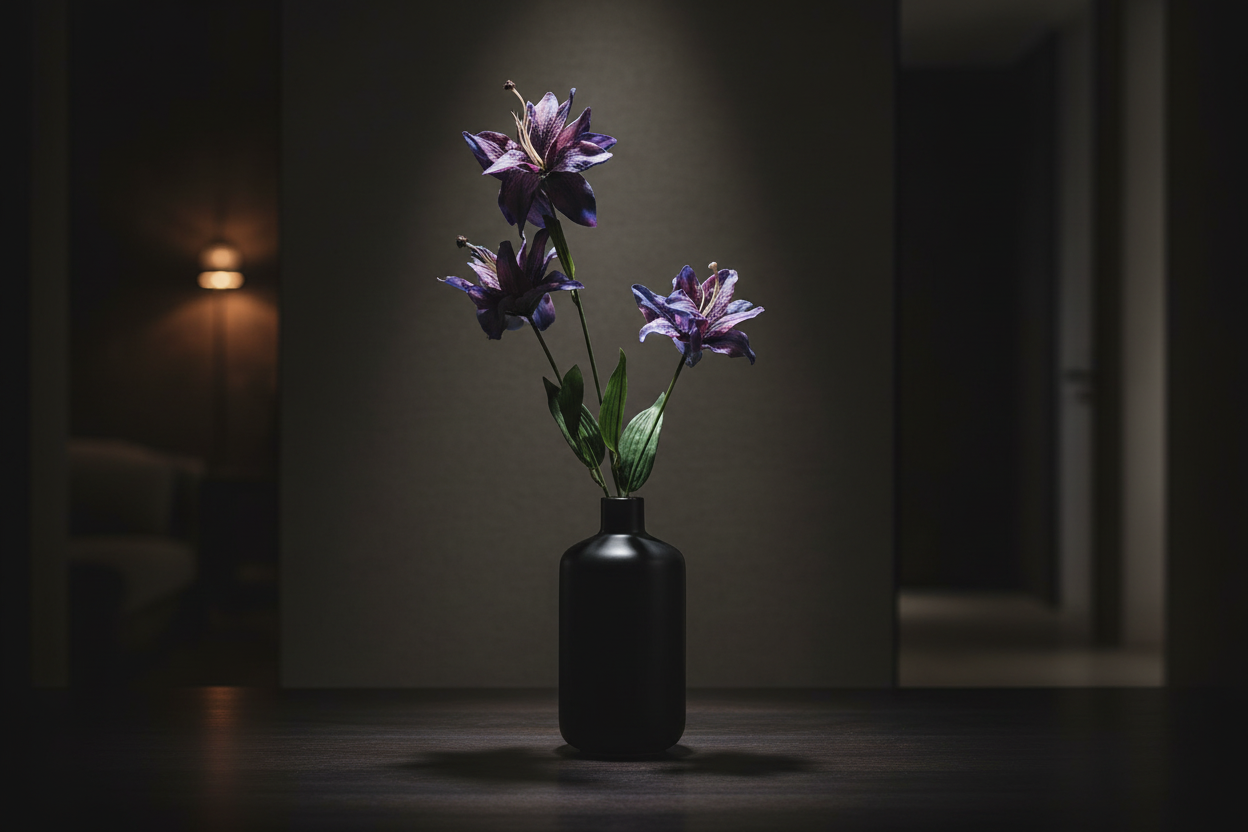 Purple blue tiger lily stems in modern black ceramic vase on dark wood table, moody elegant home decor