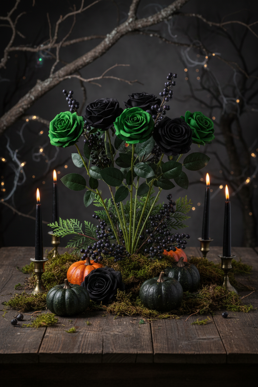 Emerald green artificial rose stems arranged in a Halloween enchanted forest centerpiece with black roses cedar moss and pumpkins on dark wood table