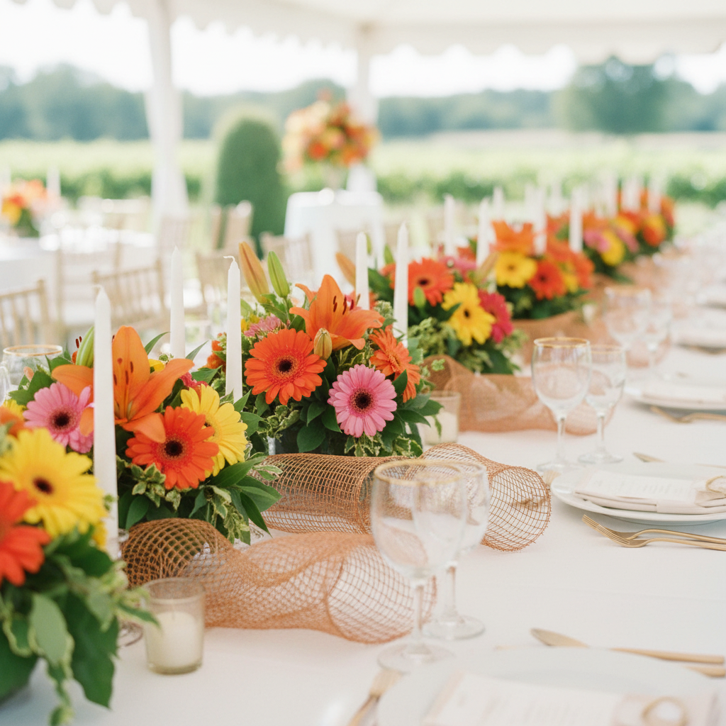 Copper mesh ribbon loosely wound and looped decoratively down a wedding reception table with candles, gerbera daisies, and orange lilies