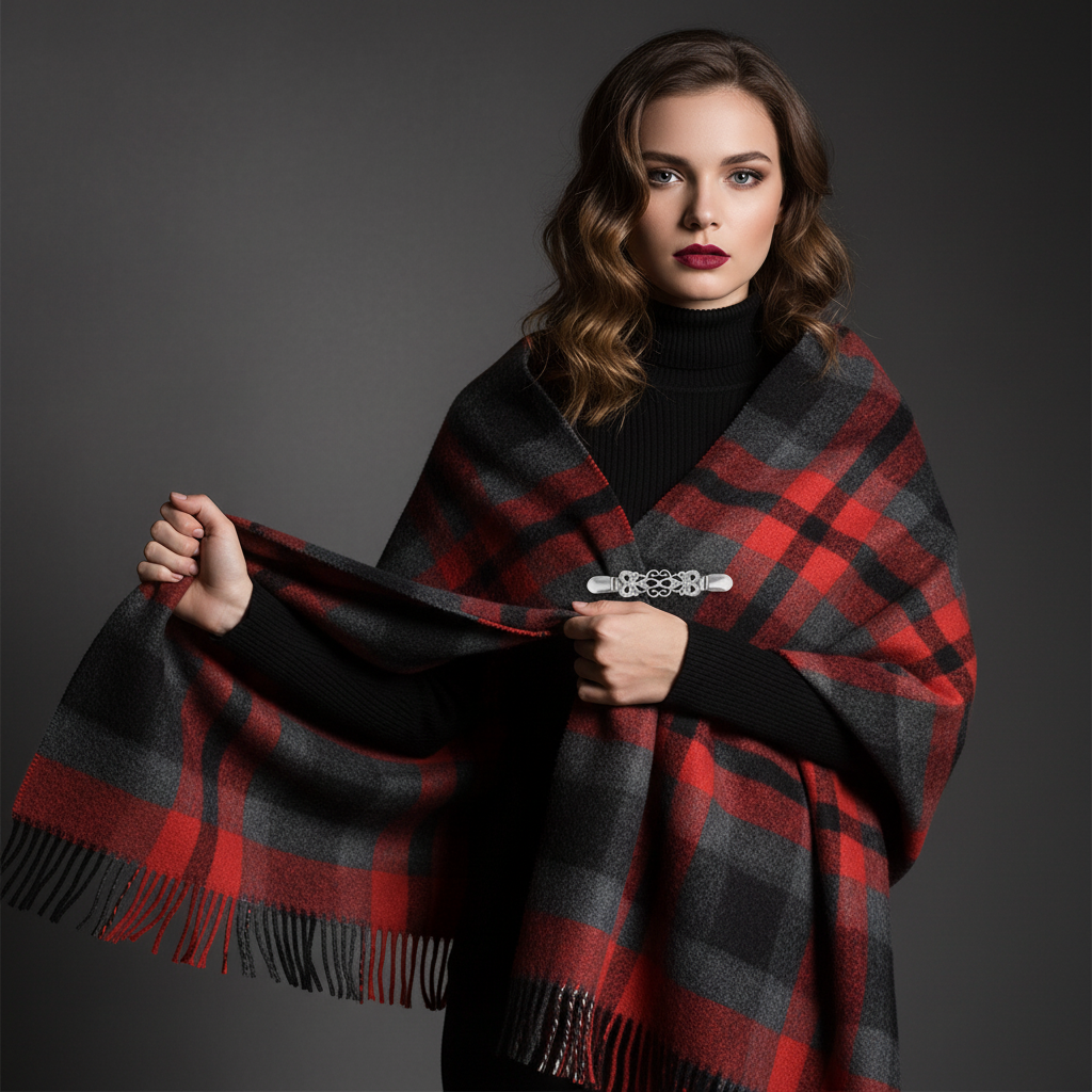 Silver sweater clip holding red black grey plaid wool scarf as shawl wrap, luxury editorial