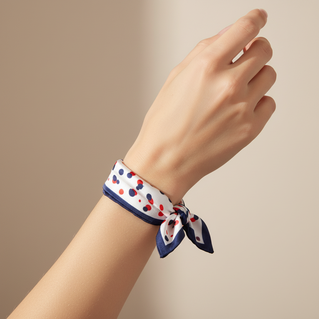 Red white blue polka dot square scarf wrapped around wrist as stylish patriotic bracelet accessory