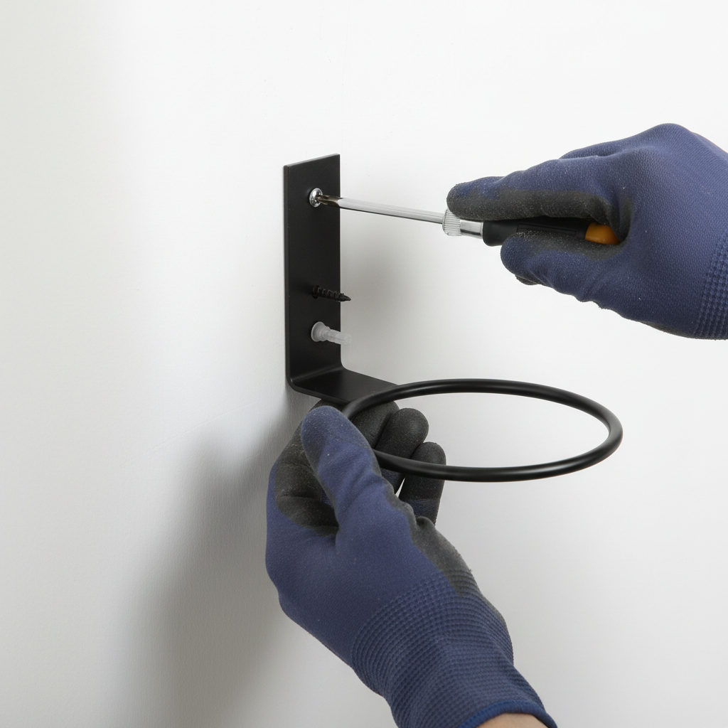 Hands installing wall plant holder ring with screwdriver