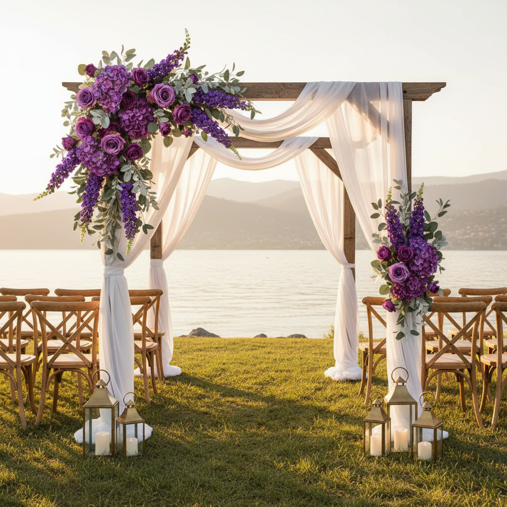 Rich purple snapdragon larkspur stems on an outdoor wooden wedding arch with roses, hydrangeas, and flowing white fabric at golden hour