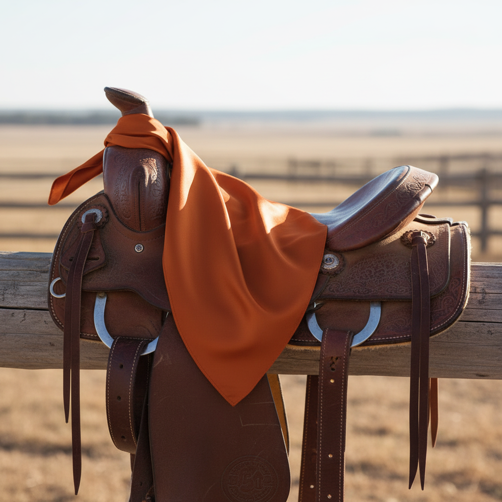 Burnt orange wild rag scarf draped over western saddle showing silk-like satin finish