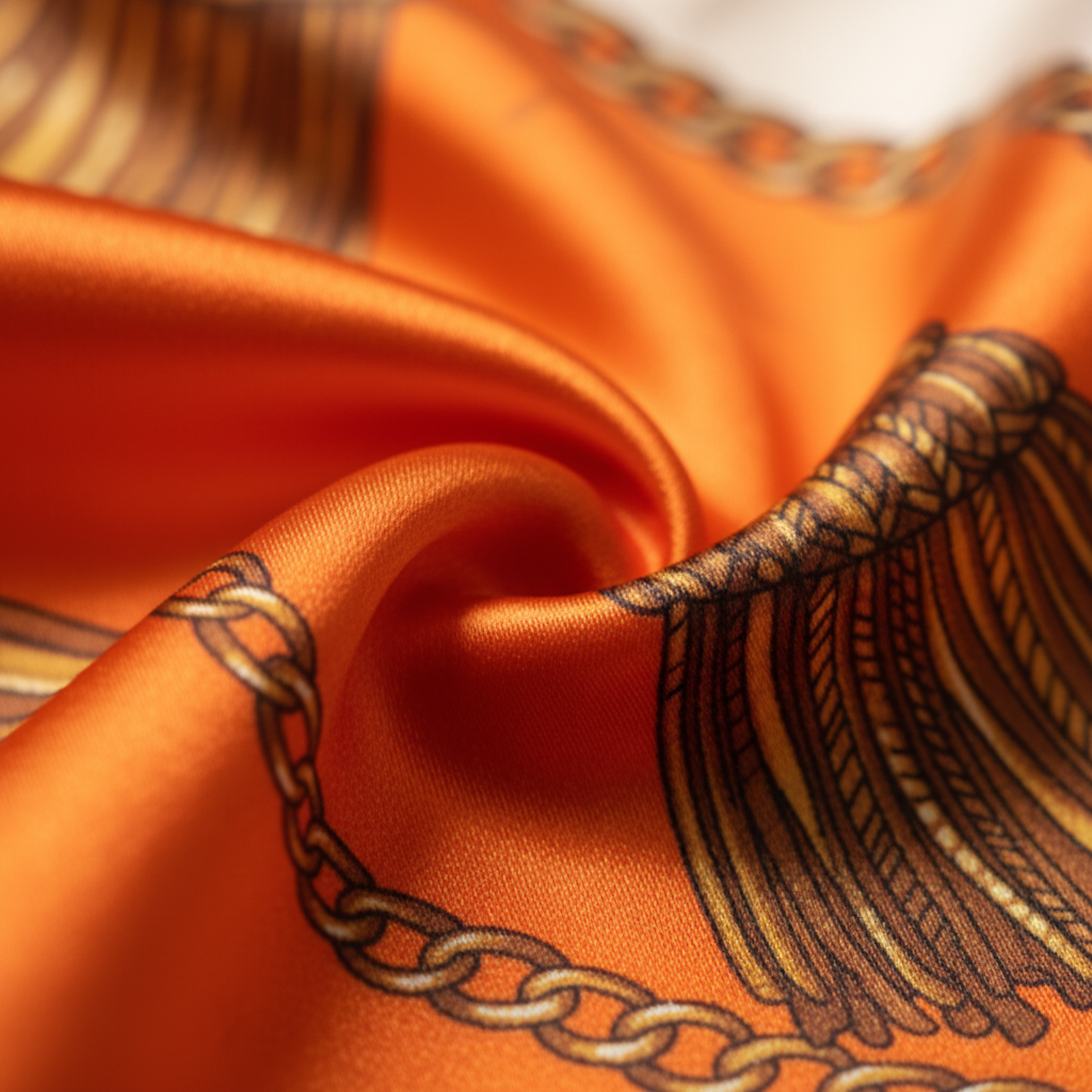 Close Up Detail of Orange Satin Fabric Texture Polyester Material Quality