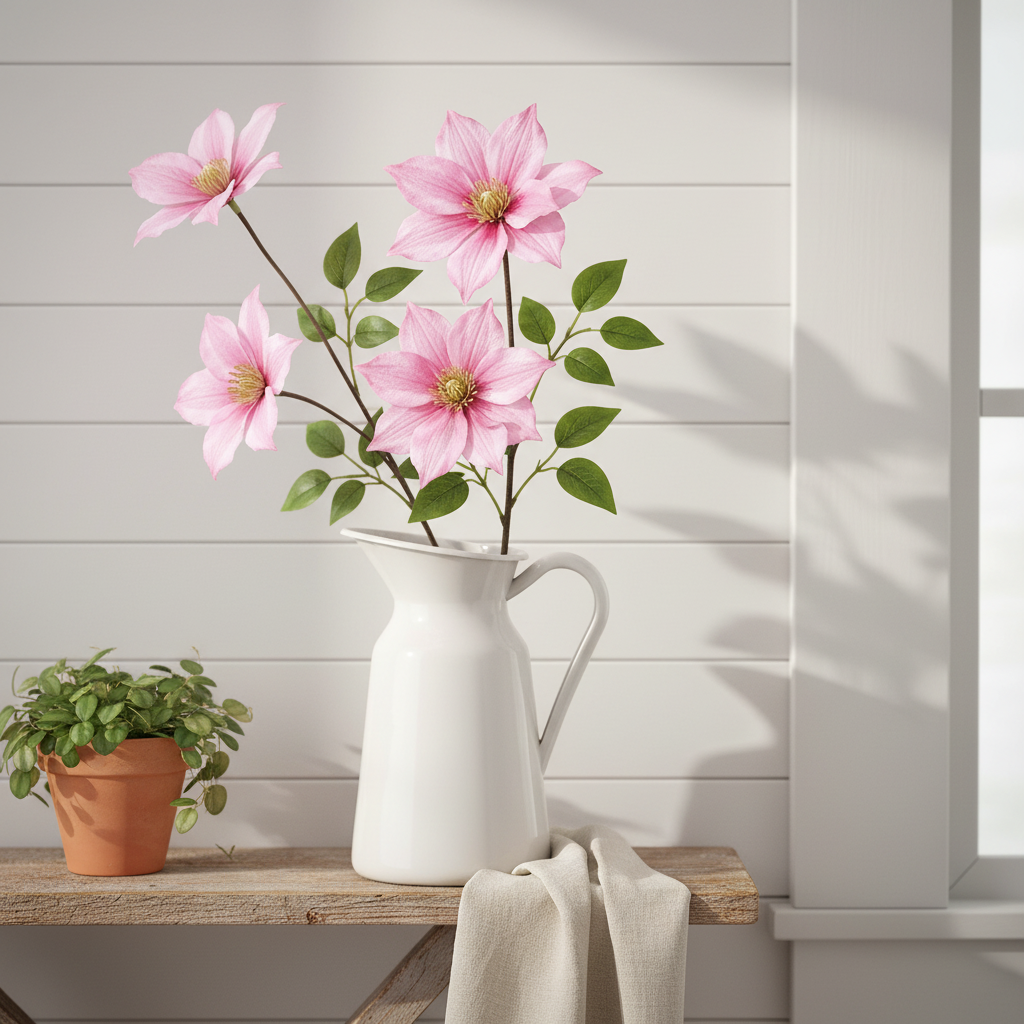 Light pink clematis faux floral stems in vintage white pitcher vase on farmhouse wood shelf with shiplap wall and linen accents