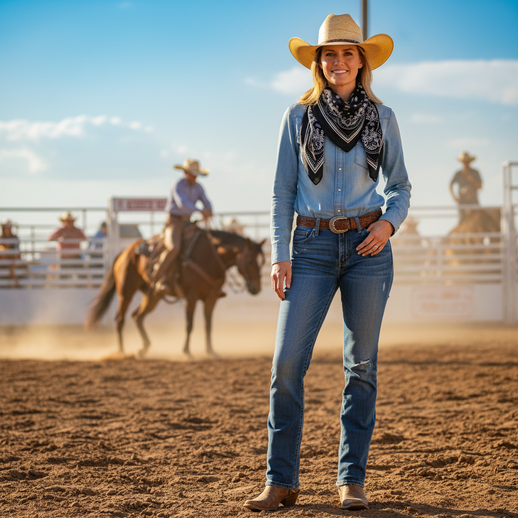 Woman wearing black paisley wild rag at summer rodeo event western style
