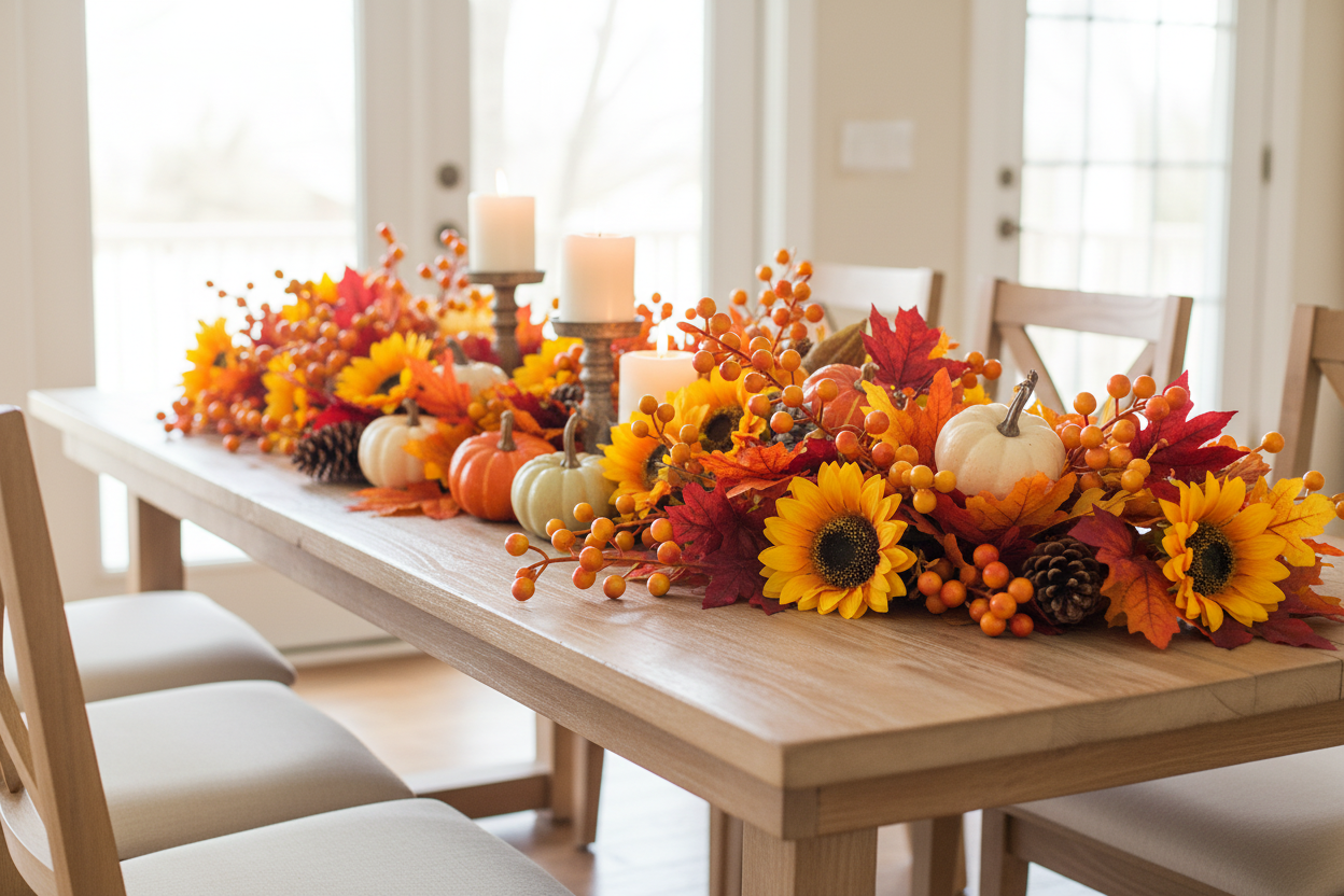 Fall garland with autumn leaves, sunflowers, and orange yellow faux berry stems running down the center of a farmhouse dining table with pumpkins and candles