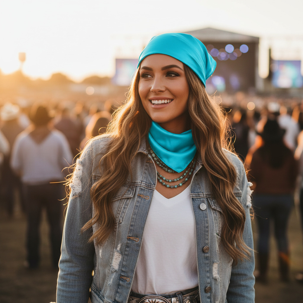 Turquoise blue wild rag scarf styled as head scarf bandana at country concert with denim and western jewelry
