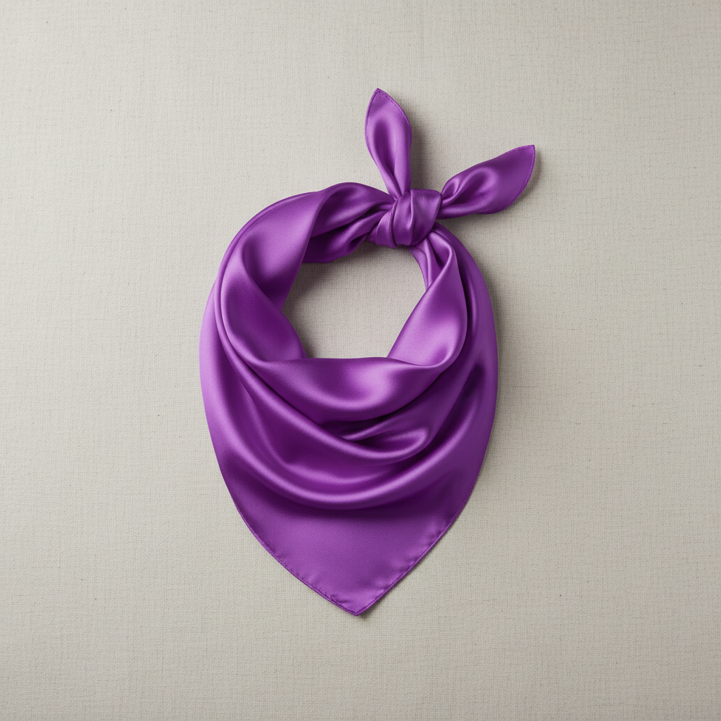 Violet purple wild rag scarf draped on linen background showing fabric flow and texture
