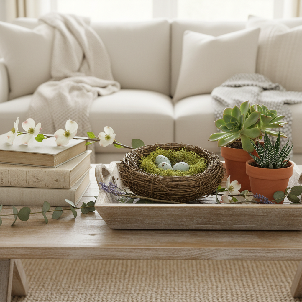Rustic bird nest 6 inch farmhouse coffee table styling with vintage books and botanicals