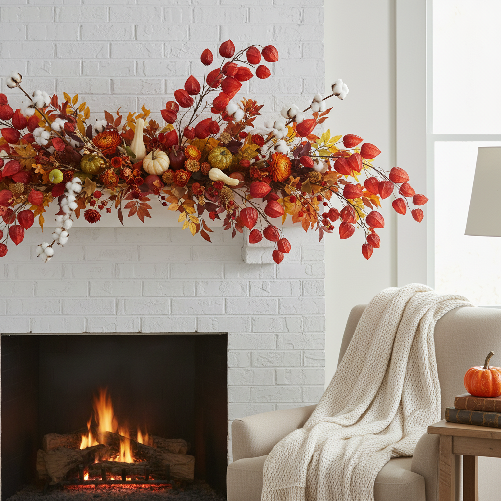 Red burgundy Chinese lantern stems styled in elegant fall mantle display with dried cotton stems and gourds on white brick fireplace