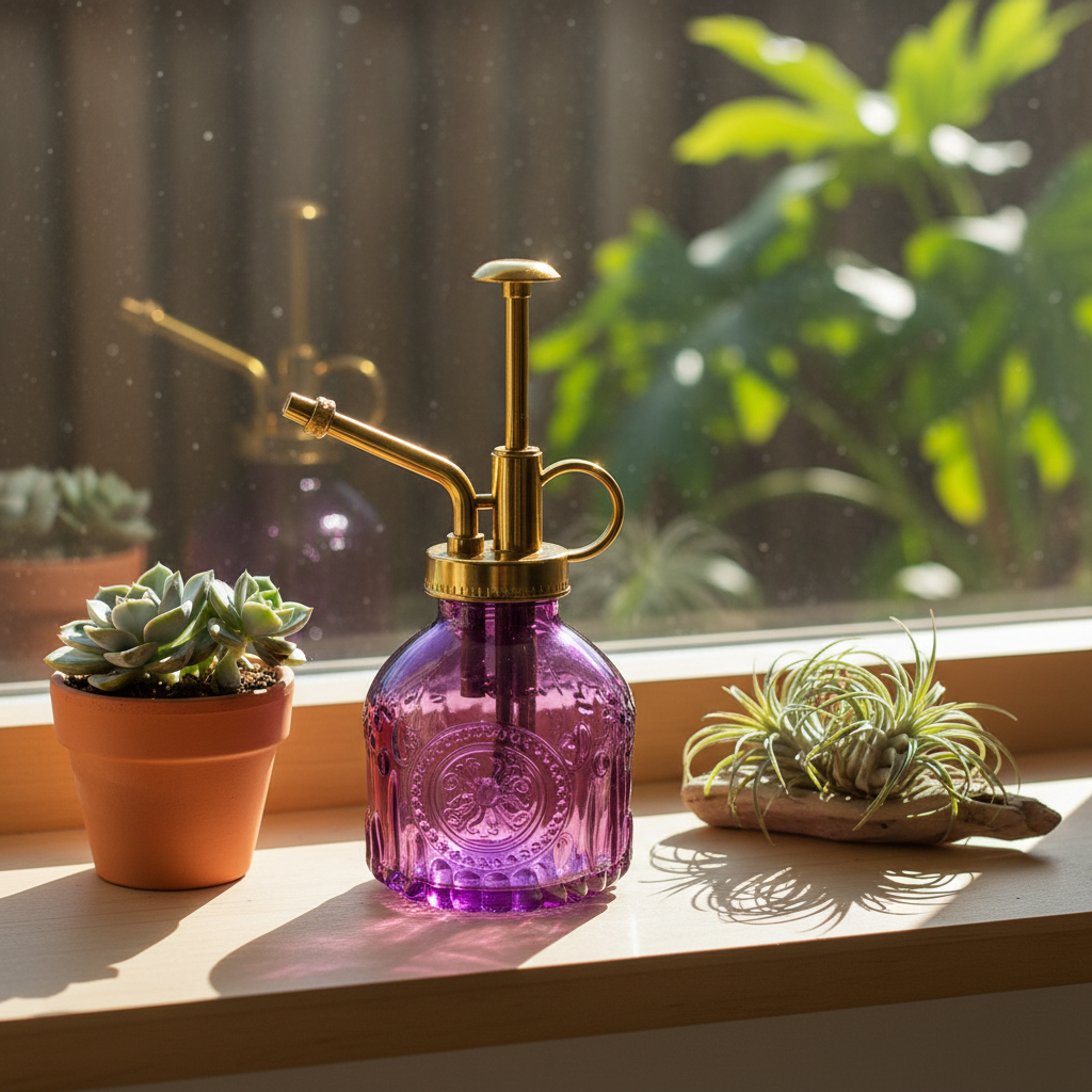 Purple glass plant mister with gold pump on windowsill with succulents and air plants in morning light
