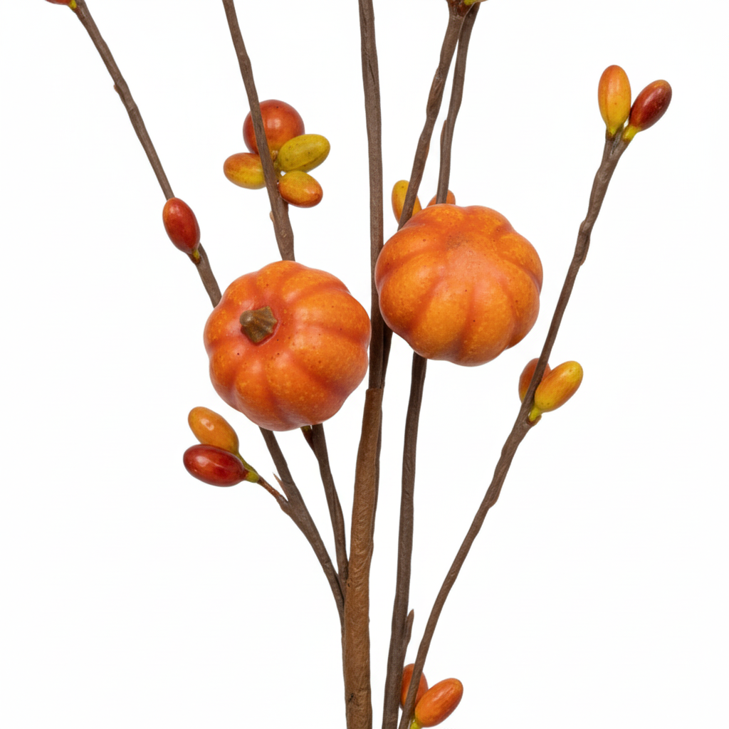 Close-up of faux fall pumpkin stem showing miniature orange pumpkin detail, berries and natural branch texture