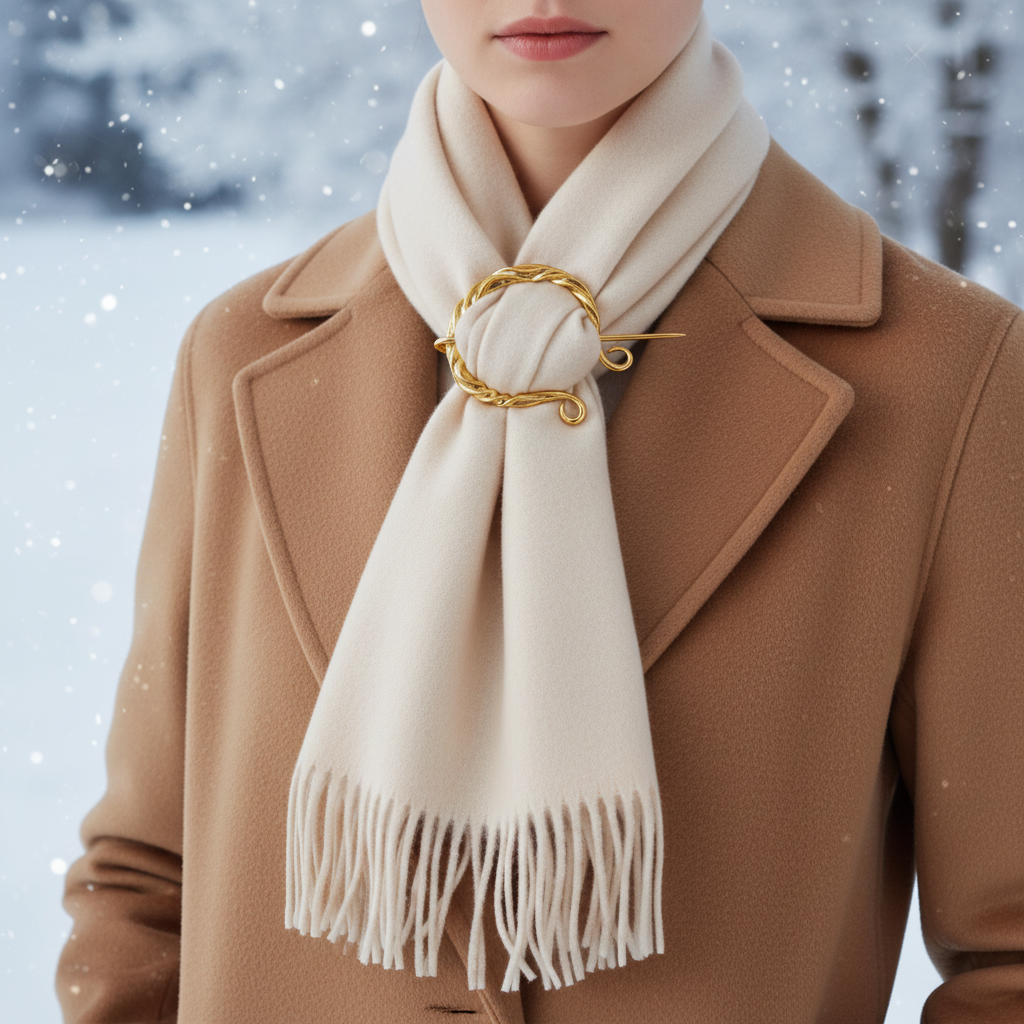 Gold vine brooch scarf fastener holding ivory cashmere fringe scarf on camel wool coat, winter snowy setting
