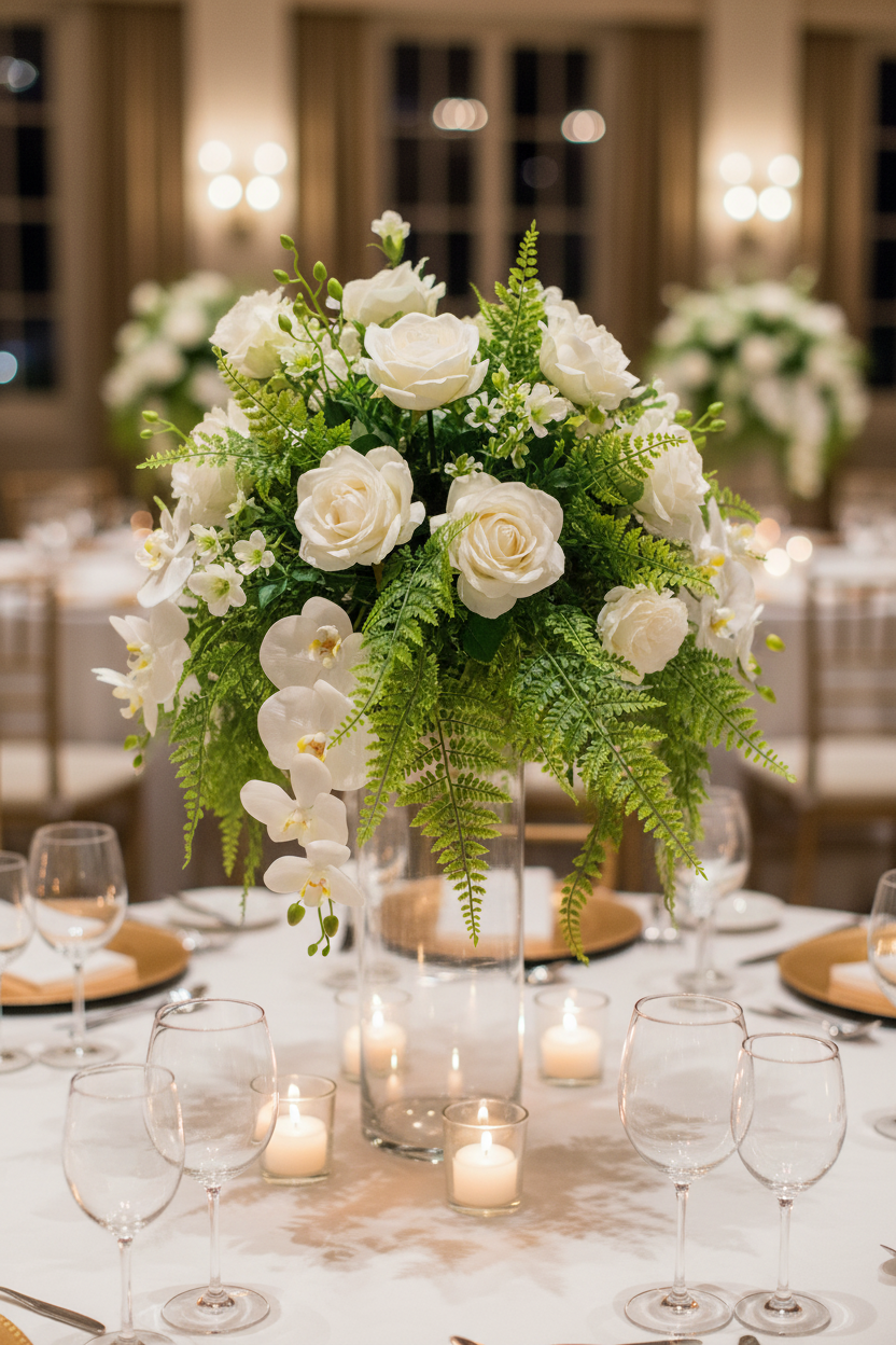 Luxury wedding reception centerpiece with white garden roses, orchids, and artificial fern leaf greenery picks in a tall glass cylinder vase with candlelight and crystal glassware