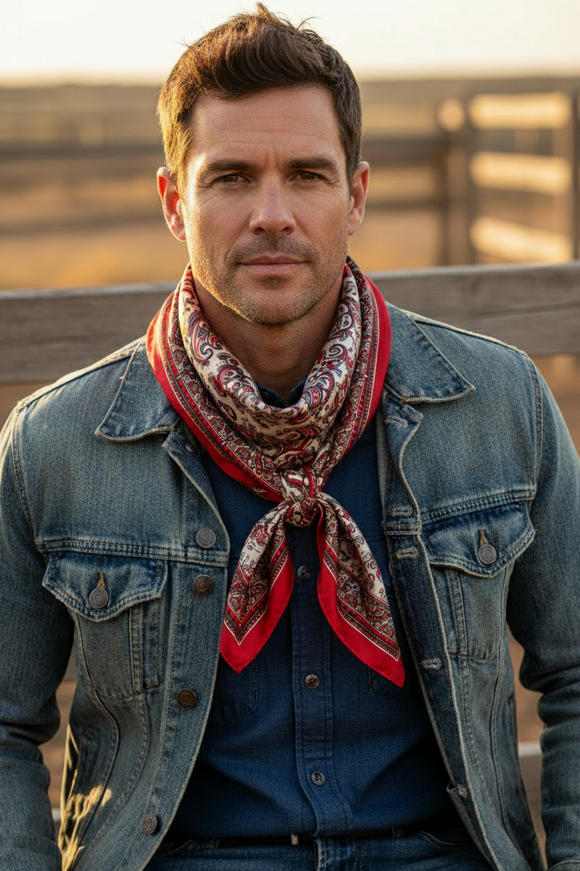 Man with light skin short dark hair wearing red paisley satin square scarf as wild rag single wrap around neck knotted at front tails hanging down denim jacket ranch fence golden hour western style 20x20