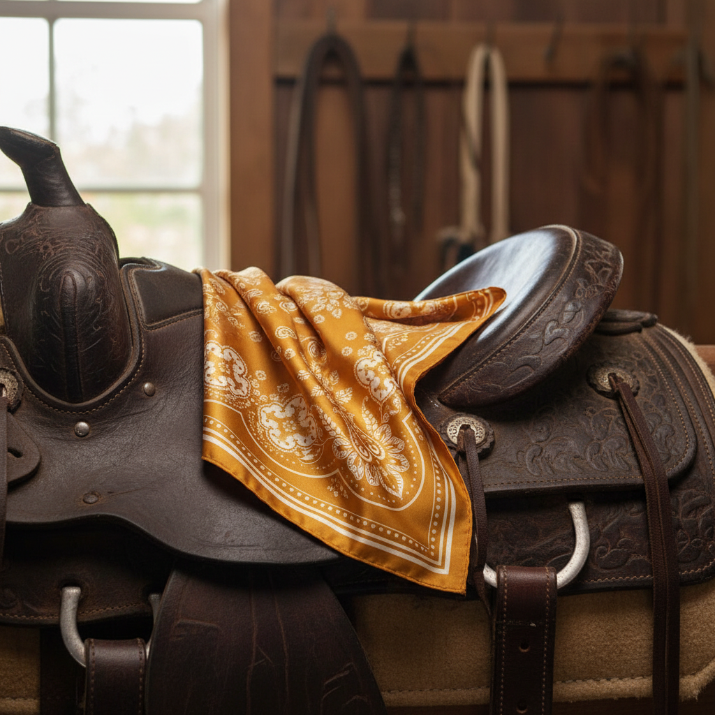 Gold paisley wild rag scarf draped over western saddle, rustic ranch aesthetic warm natural light