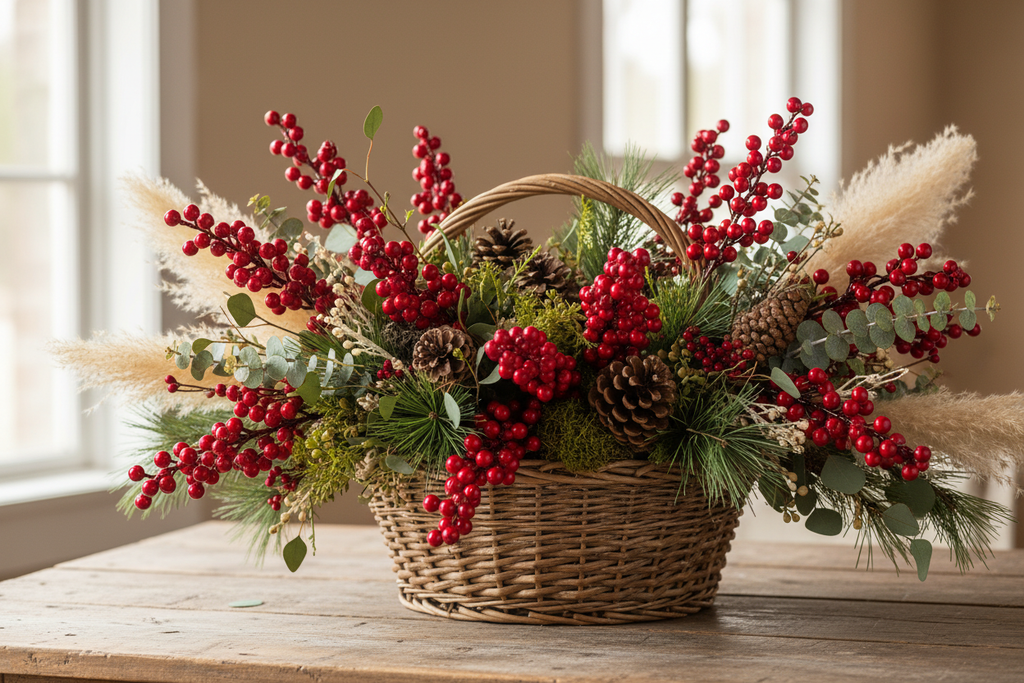 Red artificial berry picks in a rustic wicker basket centerpiece with eucalyptus and pine cones on a farmhouse table
