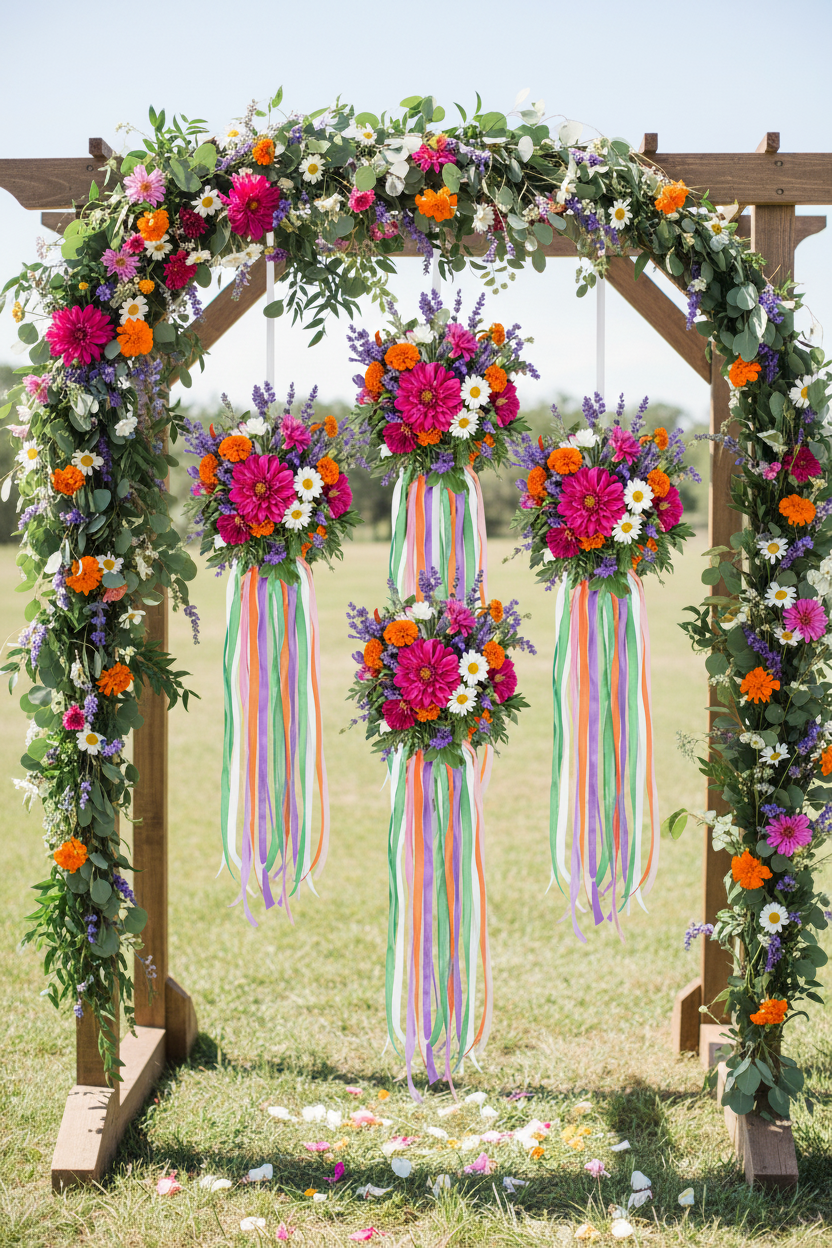 Three white styrofoam foam balls covered in vibrant boho wildflowers including pink dahlias orange marigolds and purple lavender hanging from a rustic wooden wedding arch with ribbon streamers