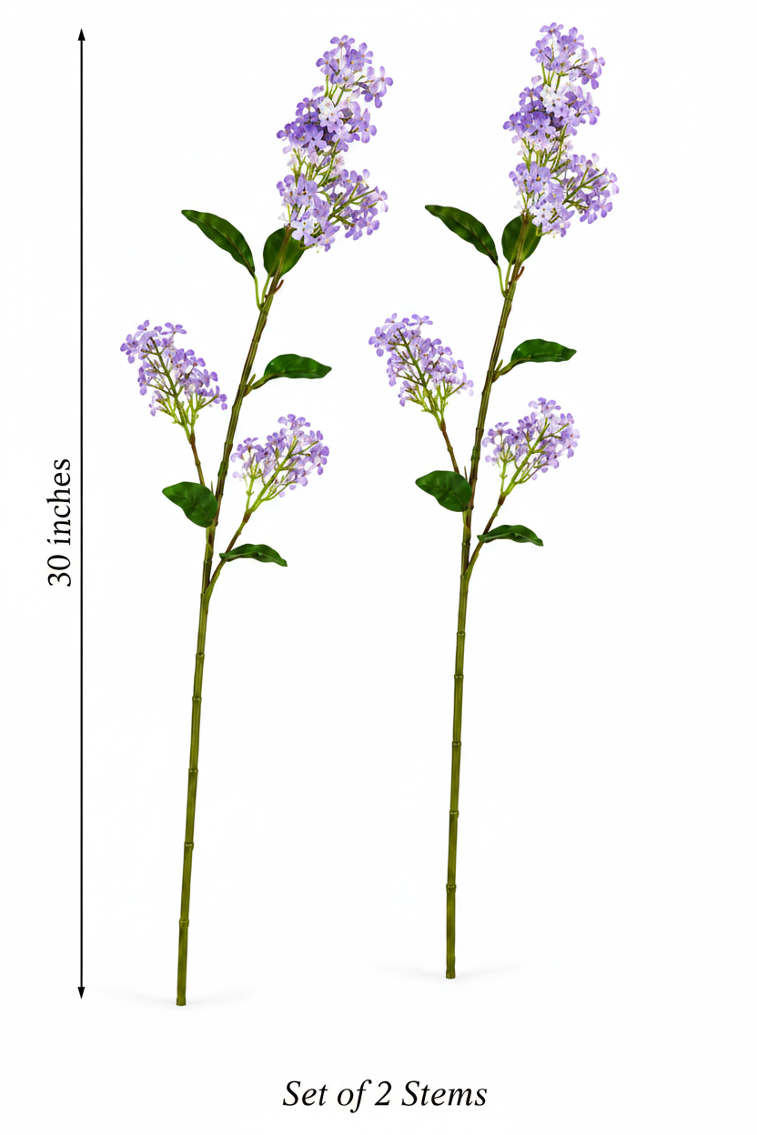 Two artificial lavender lilac stems 30 inches tall with measurement line and Set of 2 Stems label