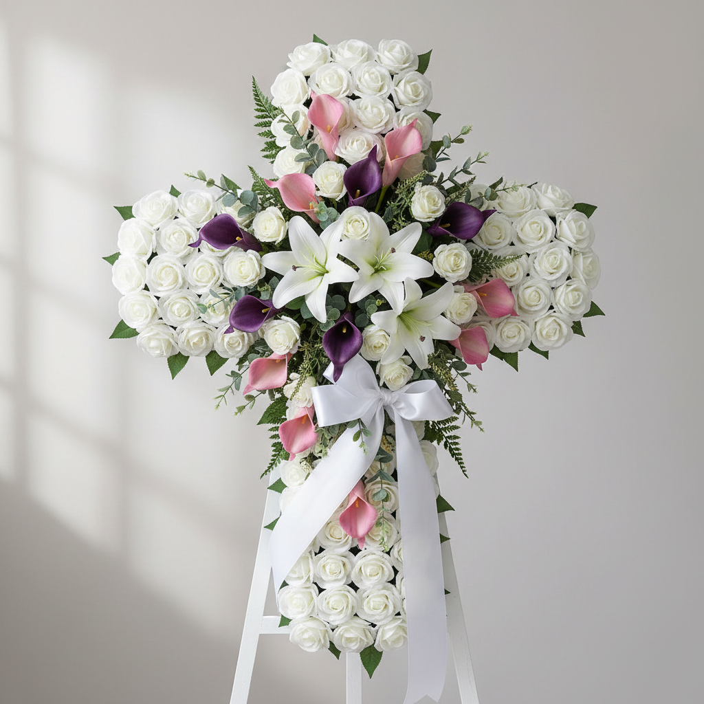 Elegant funeral memorial cross floral arrangement with white foam roses, pink and purple calla lilies, and white lilies on a stand with white satin ribbon