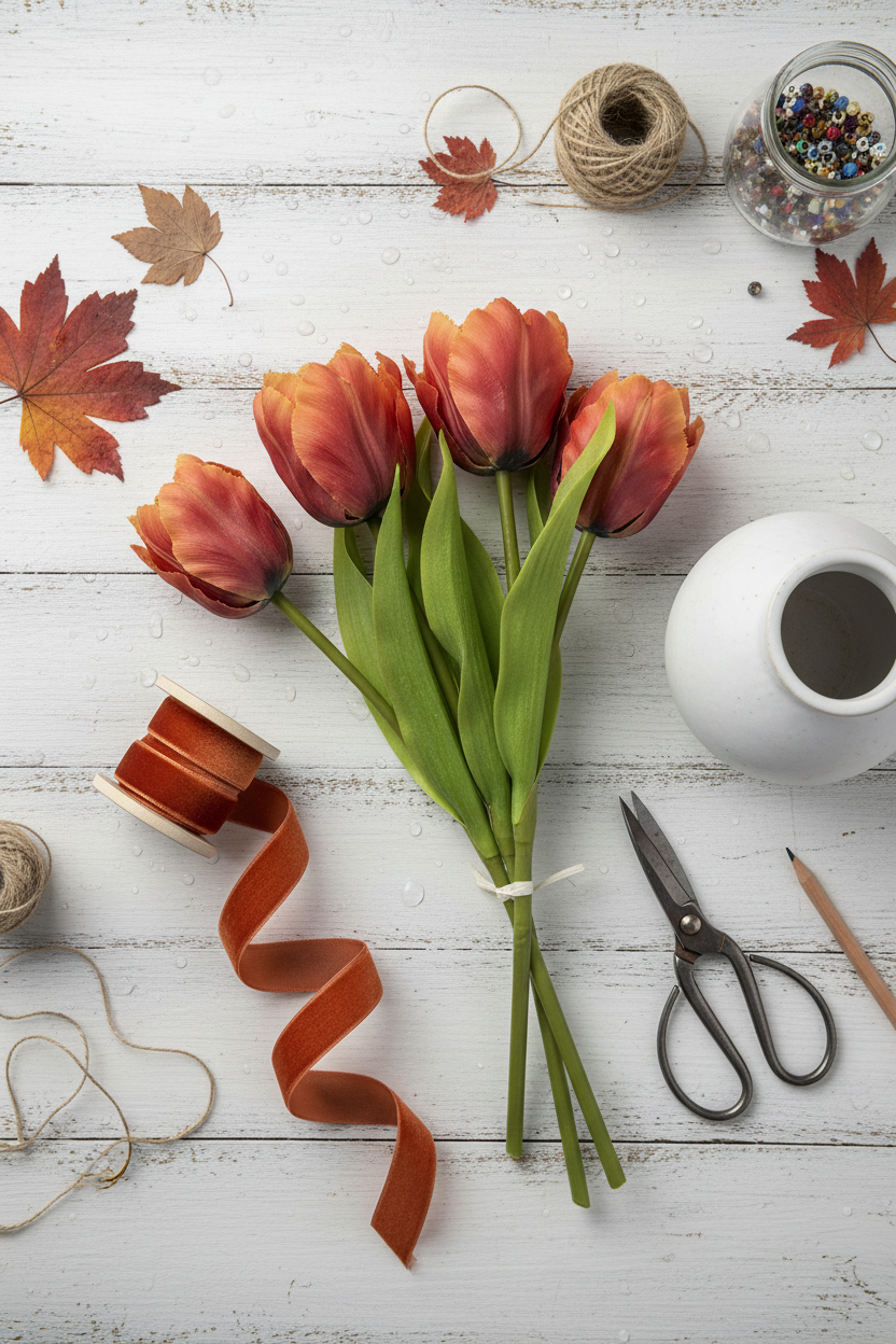 DIY floral arrangement workspace with terracotta fringed tulip bundle, rust ribbon, and craft supplies overhead view