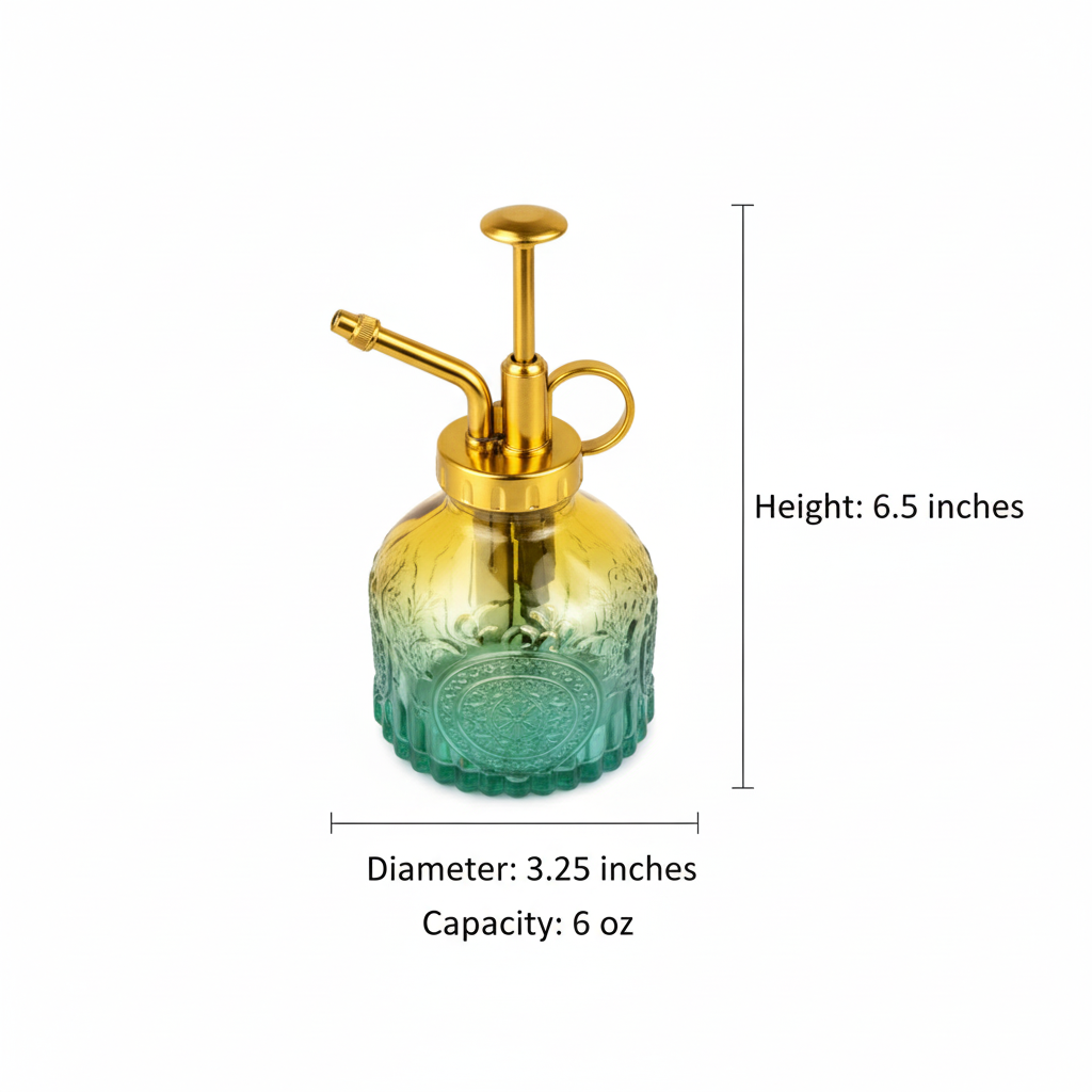 Measurement diagram of green yellow gradient glass plant mister showing 6.5 inches height, 3.25 inches diameter, 6oz capacity with black dimension lines