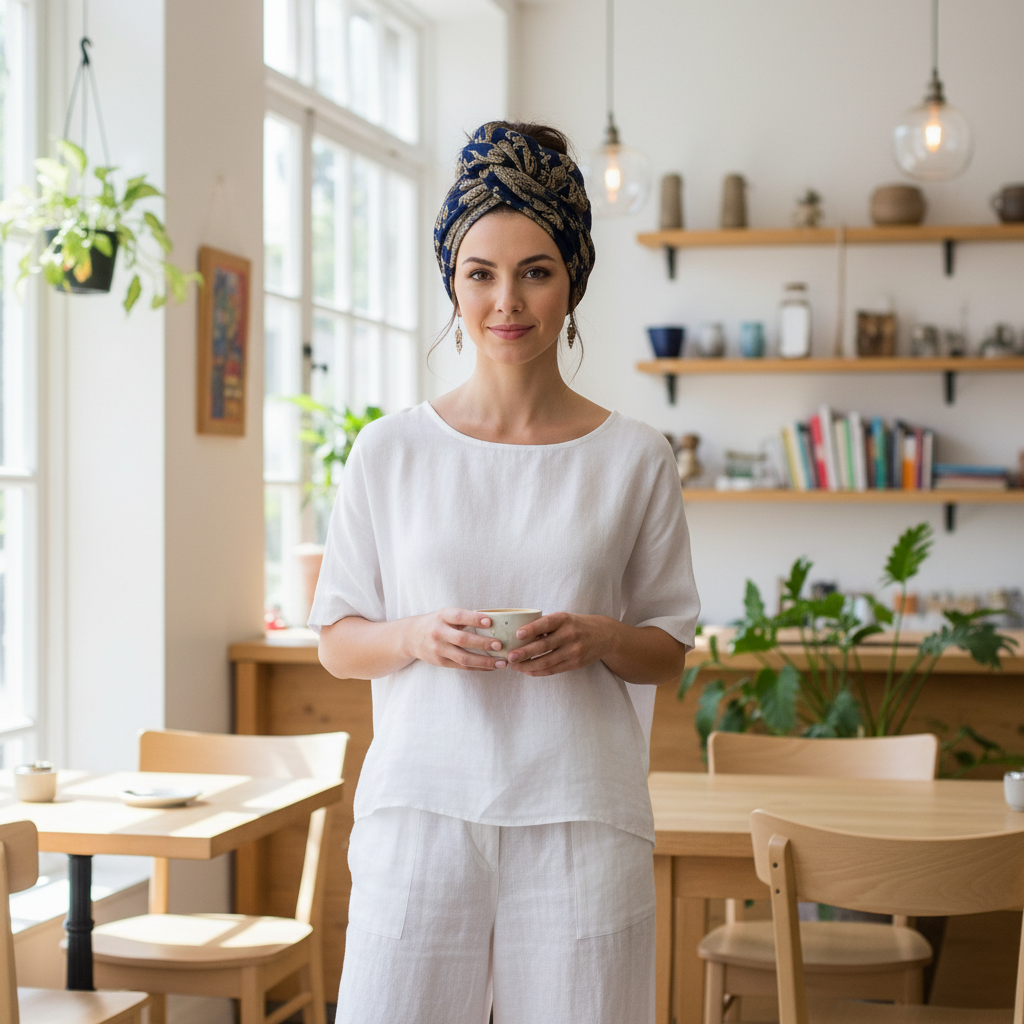 Woman wearing navy blue gold paisley jacquard scarf tied as head wrap turban with white linen outfit in cafe